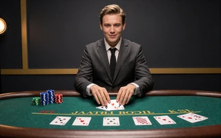 Live-Dealer am Blackjack-Tisch mit Karten auf gr&uuml;nem Filz im live casino online von Golazzo