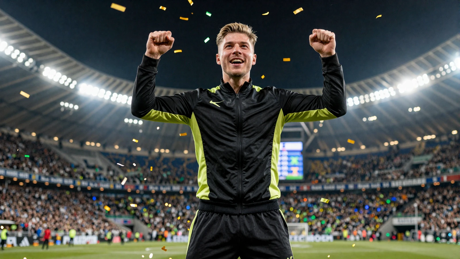 Golazzo Fan im schwarz-limen Sportoutfit br&uuml;llt jubelnd im Gold- und Lime-Konfetti zum Willkommensbonus