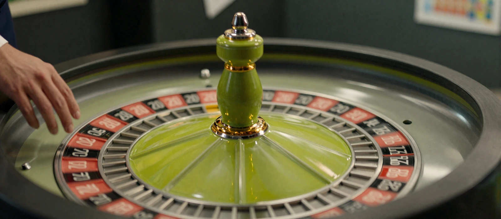 Drehender Live-Roulette-Kessel mit Dealerhand und Lime-Studiolicht im live casino online von Golazzo