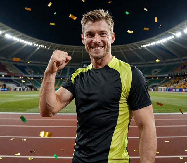 Golazzo Model im Sportoutfit jubelt mit geballter Faust im Konfetti zum Sport-Willkommensbonus