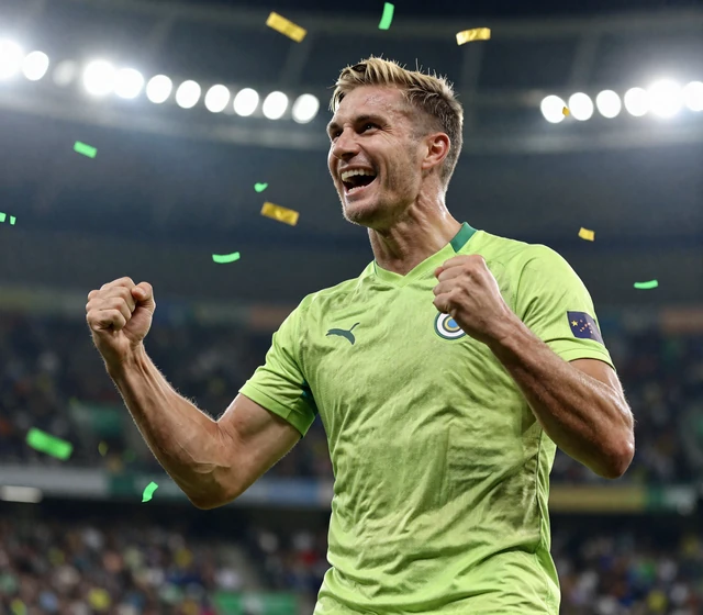 Golazzo Model im Lime-Jersey ballt jubelnd die Faust im Konfettiregen zum Willkommensbonus