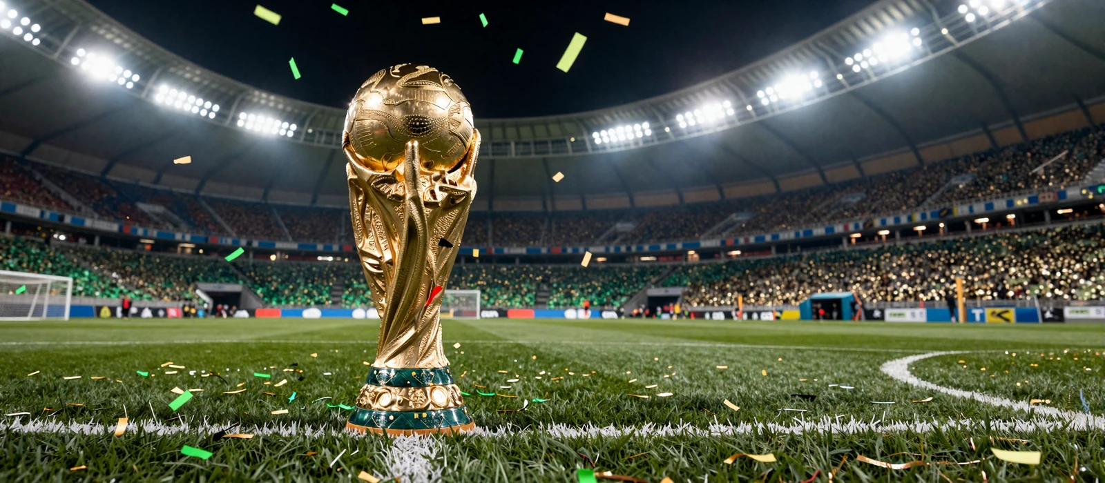 Goldener WM-Pokal auf beleuchtetem Rasen mit Lime- und Gold-Konfetti zum World Cup Goalfest bei Golazzo