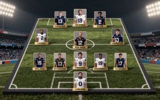 Fantasy-Football-Aufstellung mit Spielerkarten im Raster in Lime und Gold bei Golazzo