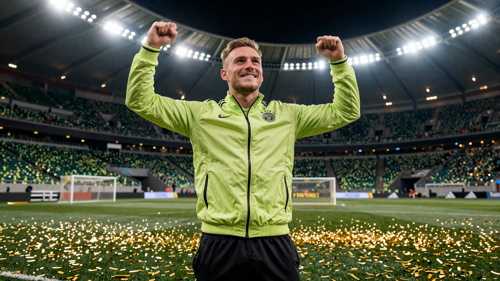 Fu&szlig;ballfan im sportlichen Look feiert ein Tor auf der Trib&uuml;ne im Golazzo Casino mit Lime- und Gold-Konfetti