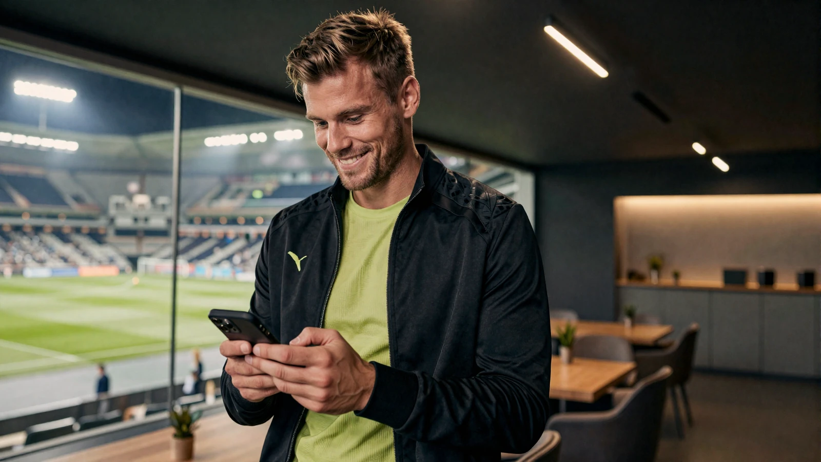 Golazzo Spieler pr&uuml;ft zufrieden seine Auszahlung am Smartphone in einer Stadion-Lounge im casino mit schneller auszahlung