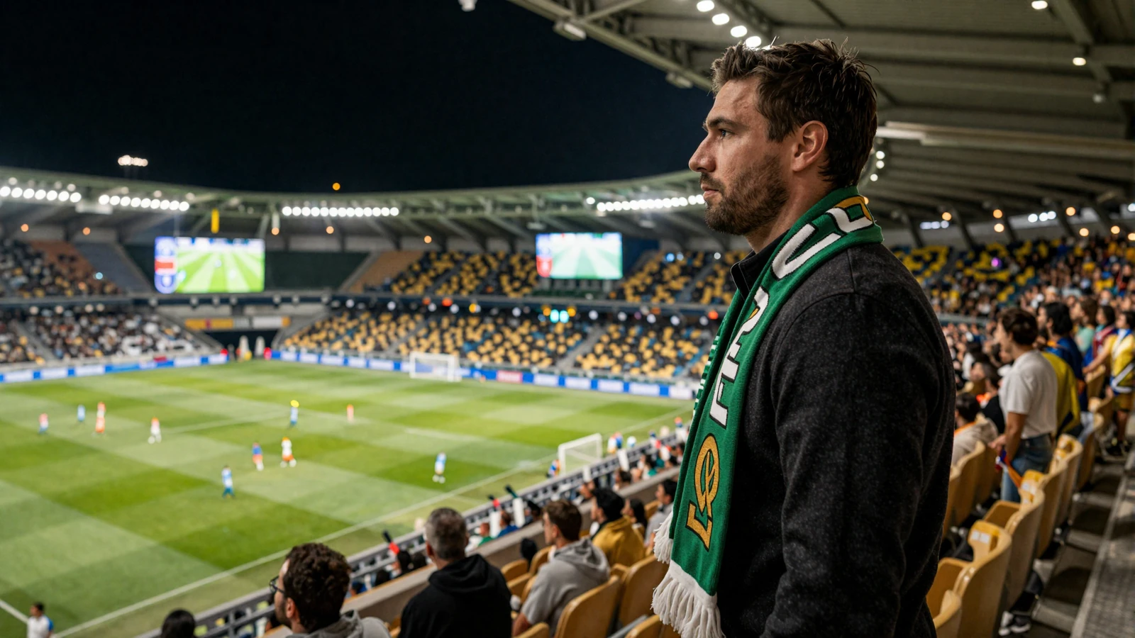 Fu&szlig;ballfan mit Team-Schal verfolgt ein Live-Spiel auf der Trib&uuml;ne im beleuchteten Stadion bei den Golazzo Sportwetten