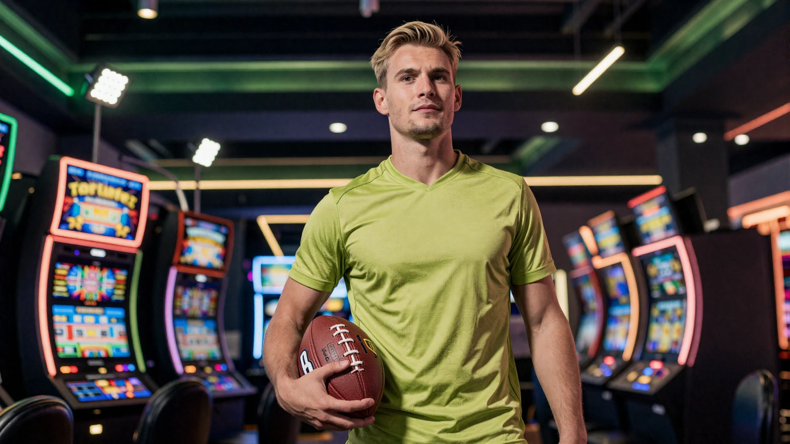 Fu&szlig;ballfan im Lime-Jersey mit Ball unterm Arm vor leuchtenden Slots im Golazzo Casino Spiele-Bereich