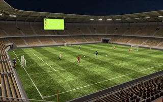 Simuliertes virtuelles Fu&szlig;ballspiel als 3D-Render mit Lime-Anzeigetafel bei den Golazzo Virtual Sports